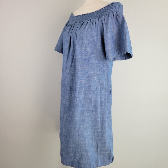 J Crew Off Shoulder Smocked Chambray Denim Dress SZ 8 - Picture 15 of 15
